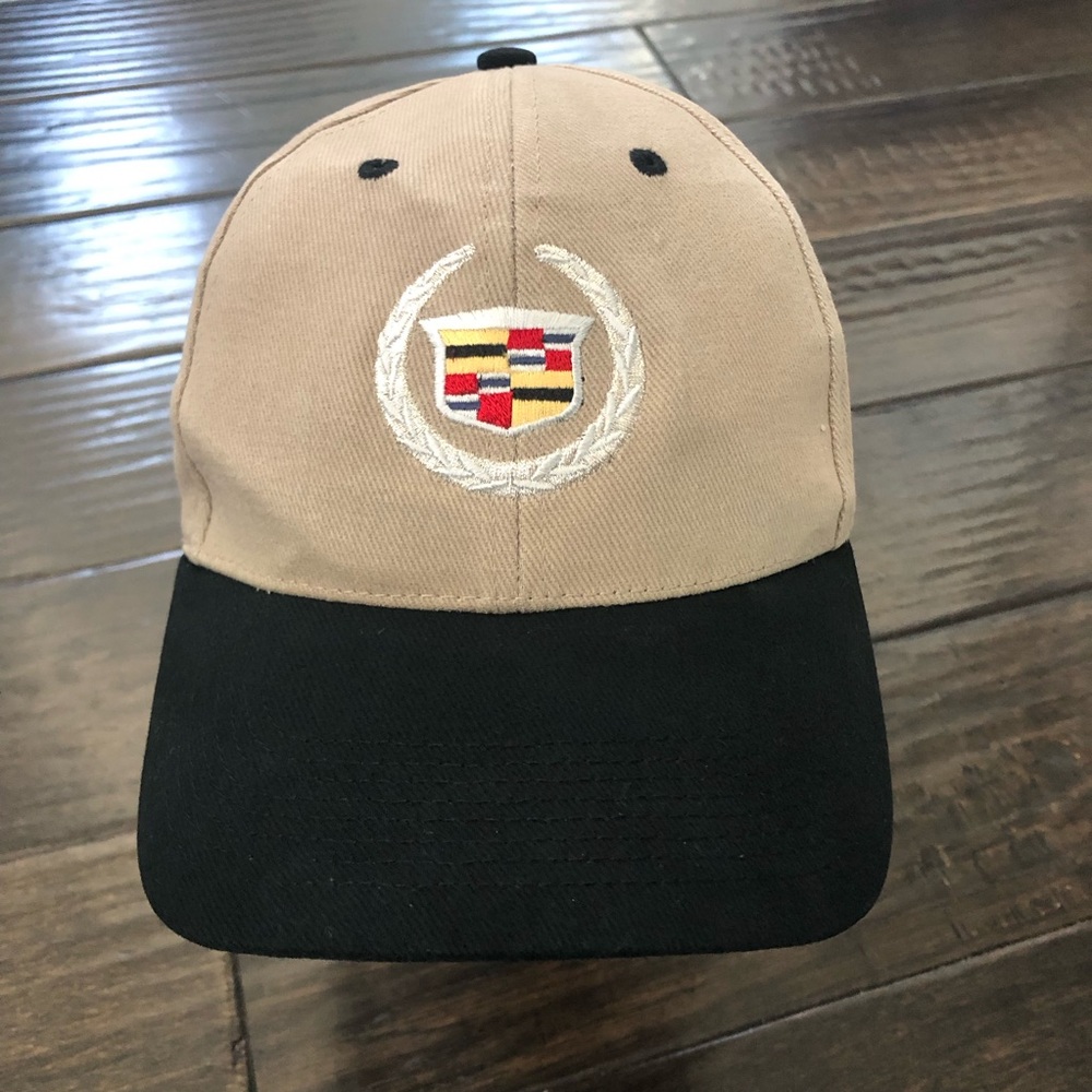 Vtg Cadillac Baseball Cap Hat Embroidered Logo Tan Black Hoop Loop Straps READ